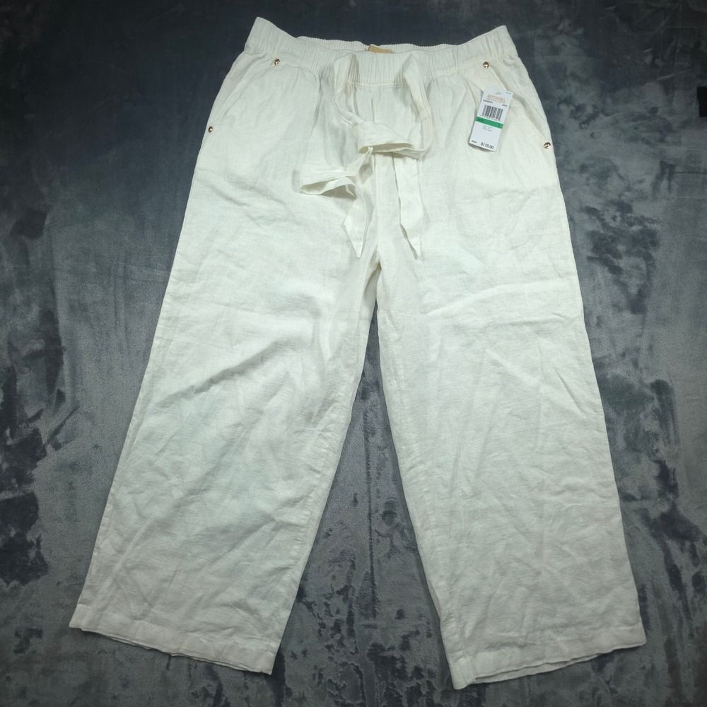 Michael Kors White Linen Blend Wide Leg Crop Pants NWT Size Large QS530QGEU2